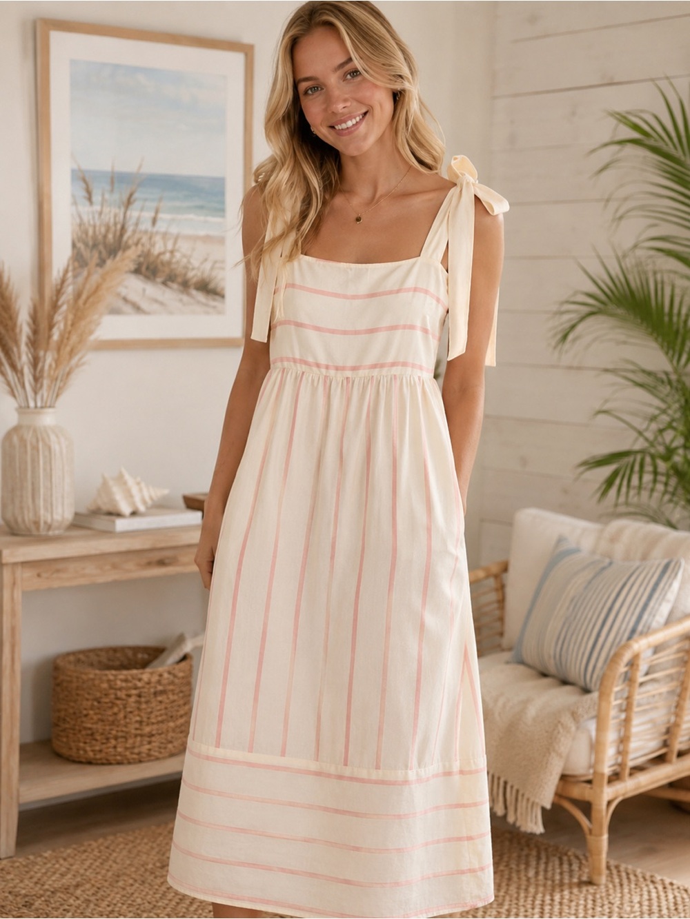 Tie-Shoulder Yellow Maxi Dress with Pink Stripes